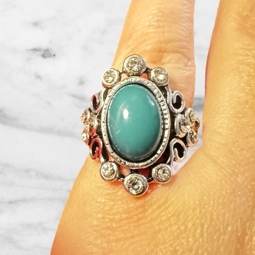 Vintage Adjustable Turquoise Statement Ring Ornate Filigree Silver Tone